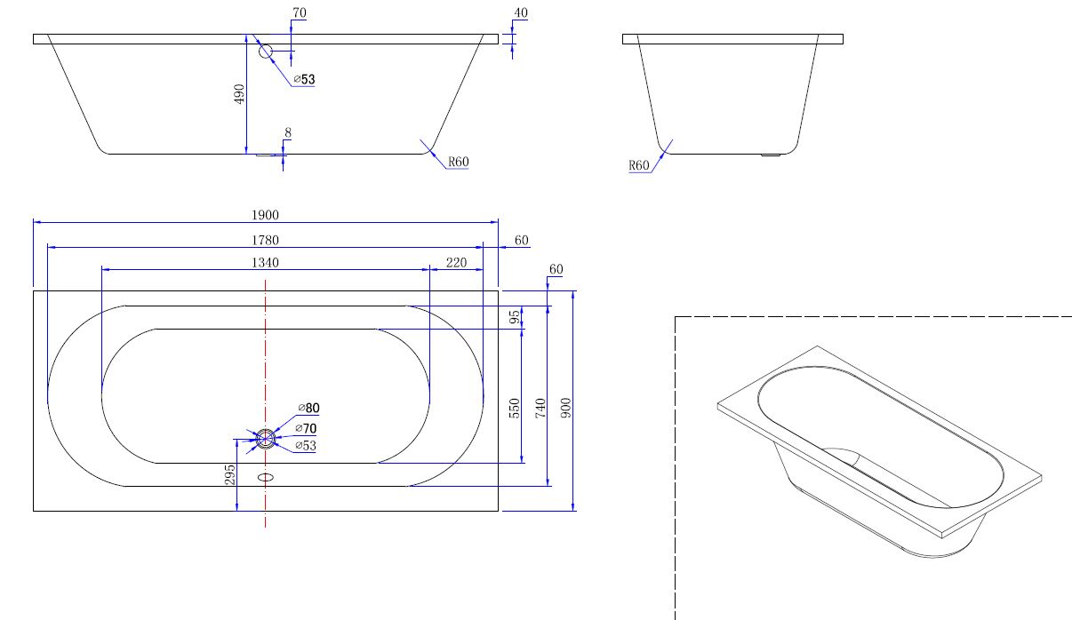 Inbouw ligbad Wiesbaden Portus RD 190x90 cm acryl glanzend wit