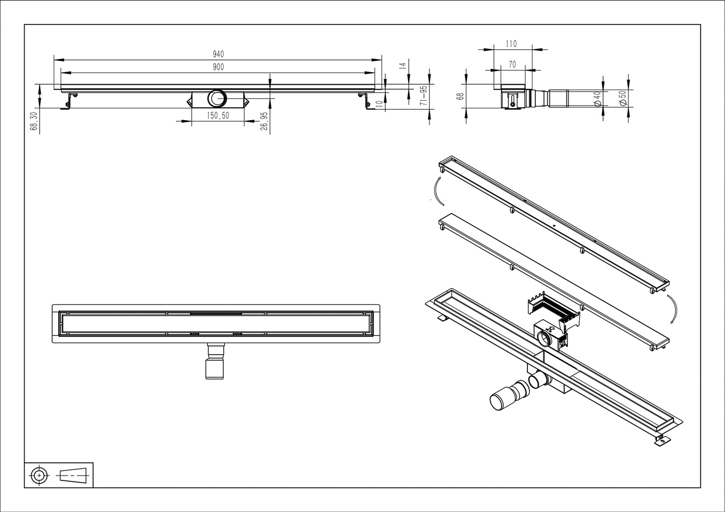 Douchegoot 60cm met flens en tegelrooster in rvs