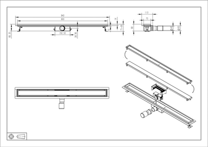 Douchegoot 60cm met flens en tegelrooster in rvs