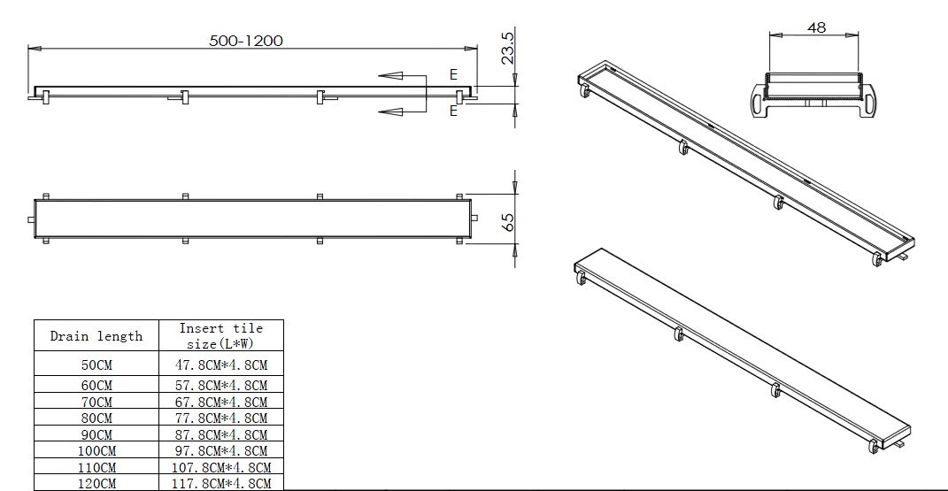 Douchegoot 60cm met flens en tegelrooster in rvs