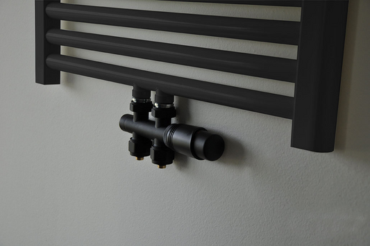Thermostatisch onderblok Riko recht voor designradiator midden aansluiting in mat zwart