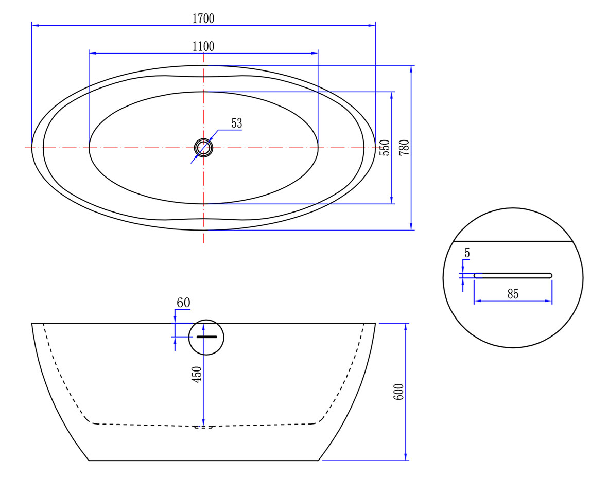 Vrijstaand acryl ligbad Wiesbaden Oval 170x78 cm inclusief waste wit mat