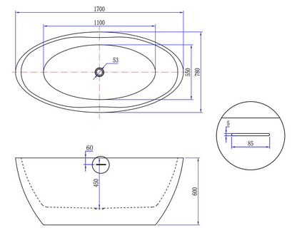 Vrijstaand acryl ligbad Wiesbaden Oval 170x78 cm inclusief waste wit mat
