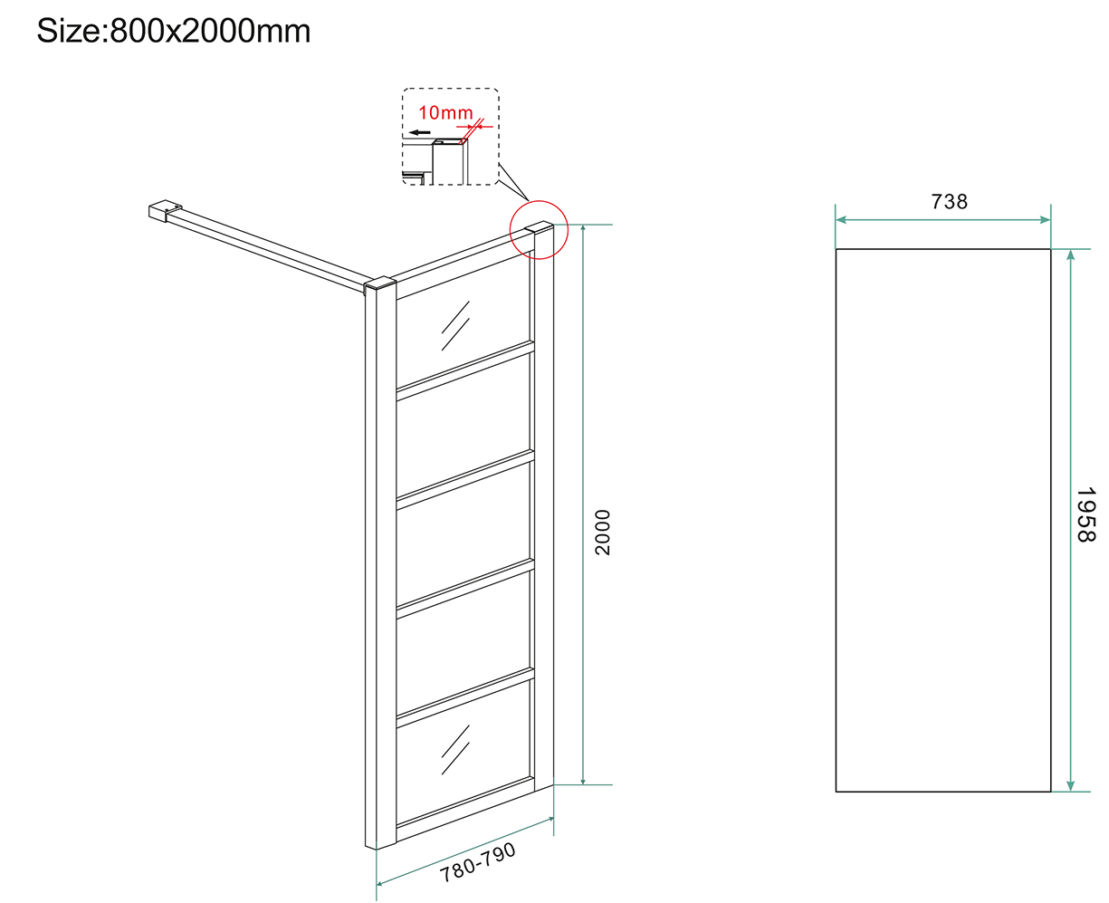 Inloopdouche Wiesbaden Horizon 80x200cm met mat zwarte profielen en 8mm helder glas