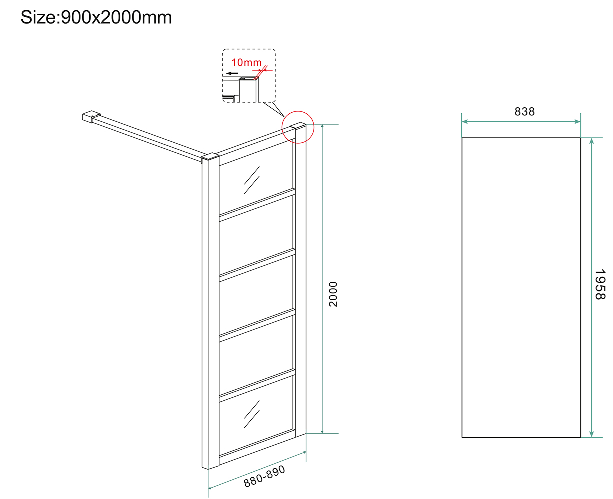 Inloopdouche Wiesbaden Horizon 90x200cm met mat zwarte profielen en 8mm helder glas