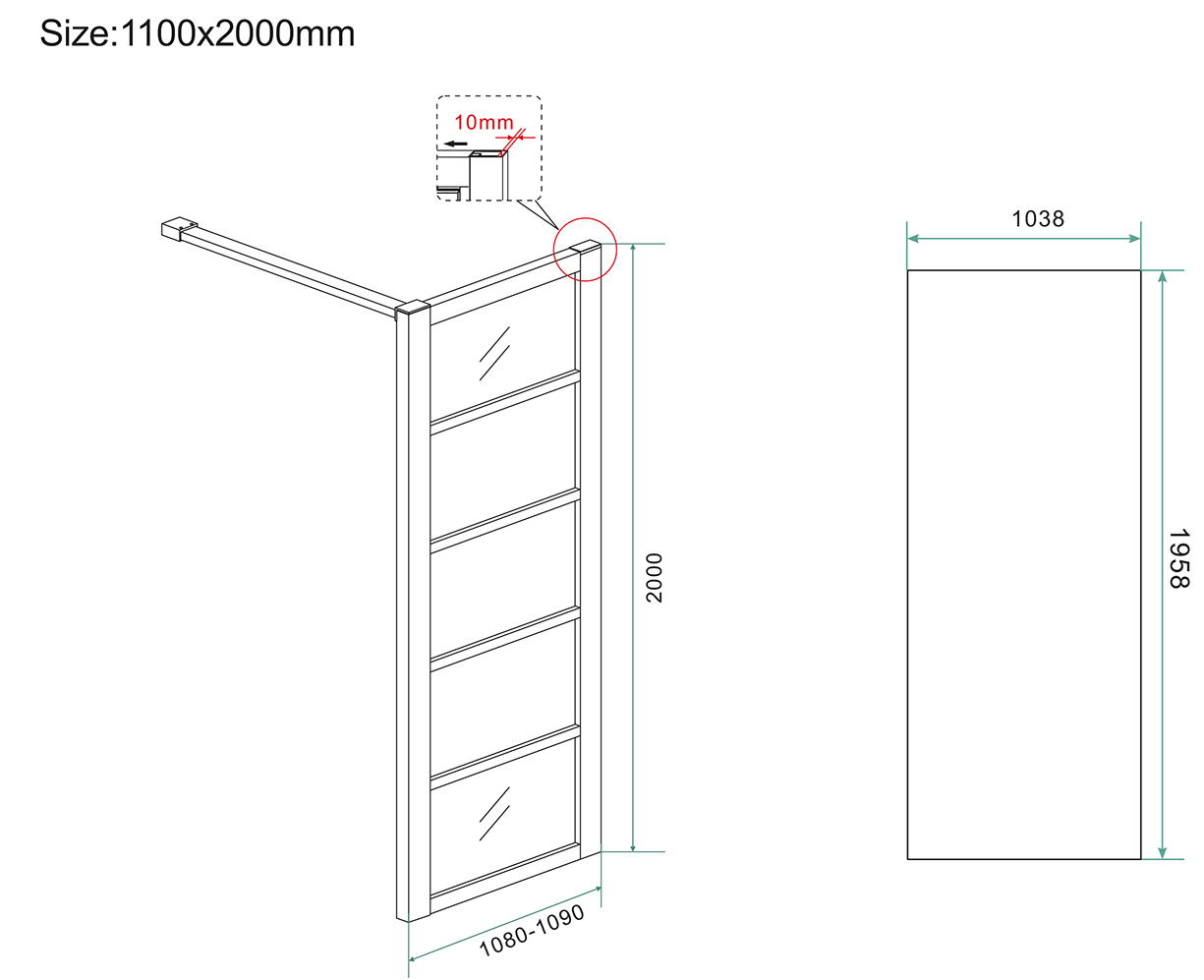 Inloopdouche Wiesbaden Horizon 110x200cm met mat zwarte profielen en 8mm helder glas