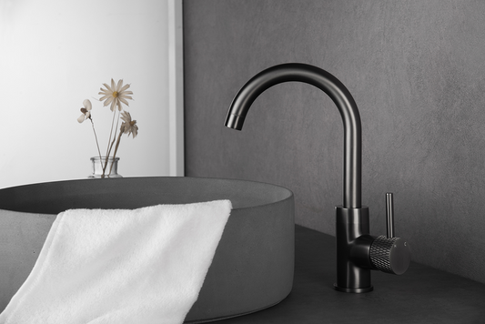 Wiesbaden Ribbd Wastafelmengkraan Gunmetal Draaibare Uitloop