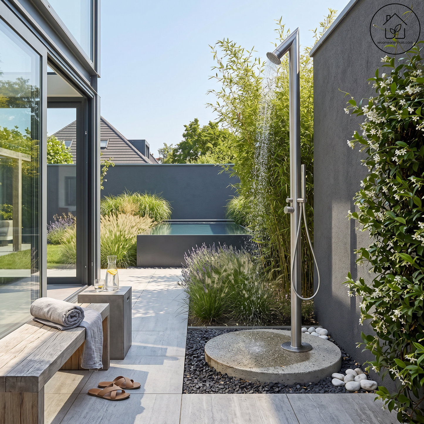Xellanz Sunset vrijstaande tuindouche met handdouche in geborsteld RVS