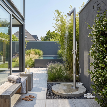 Xellanz Sunset vrijstaande tuindouche met handdouche in geborsteld RVS