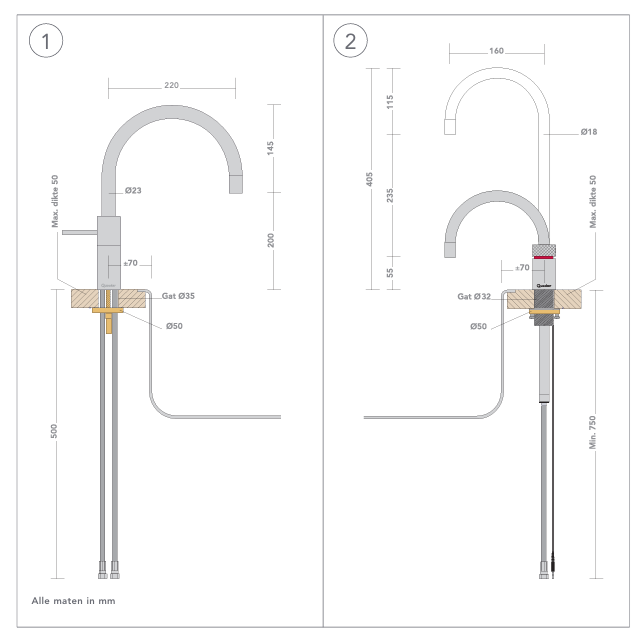 Kokendwaterkraan Quooker Nordic Round Single tap in RVS met PRO3 reservoir