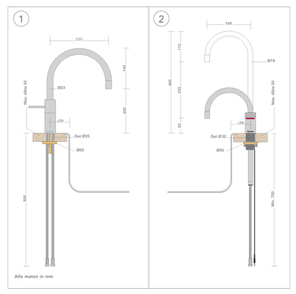 Kokendwaterkraan Quooker Nordic Round Single tap in RVS met PRO3 reservoir