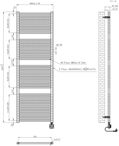 Elektrische designradiator Elara Smart Wifi 180cm x 60cm glans wit