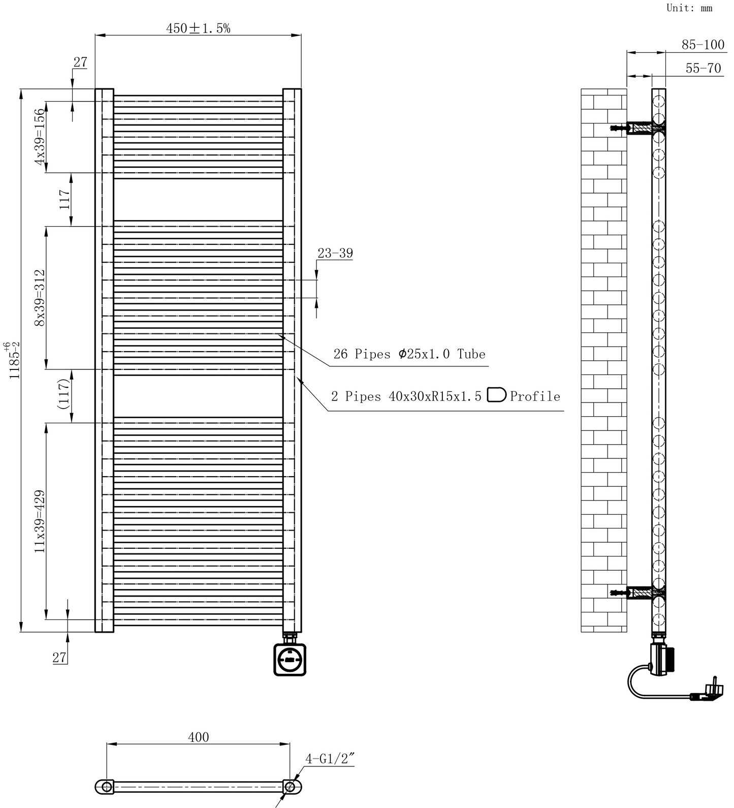 Elektrische designradiator Elara Smart Wifi 120cm x 45cm mat zwart