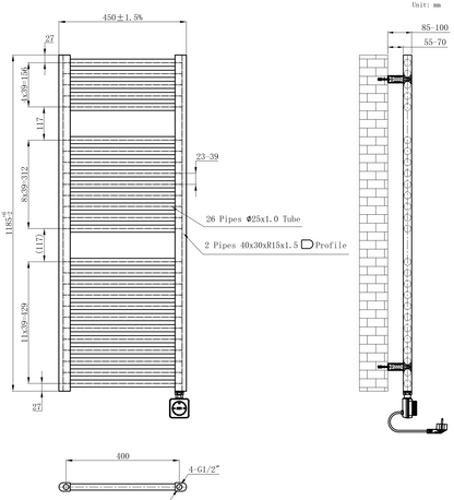Elektrische designradiator Elara Smart Wifi 120cm x 45cm mat zwart