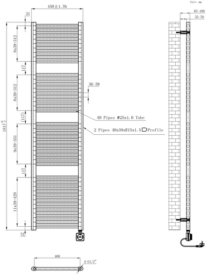 Elektrische designradiator Elara Smart Wifi 180cm x 45cm glans wit