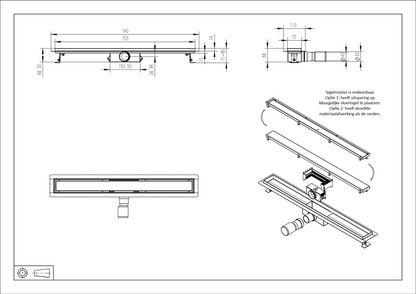 Douchegoot 80cm met flens en tegelrooster in geborsteld messing