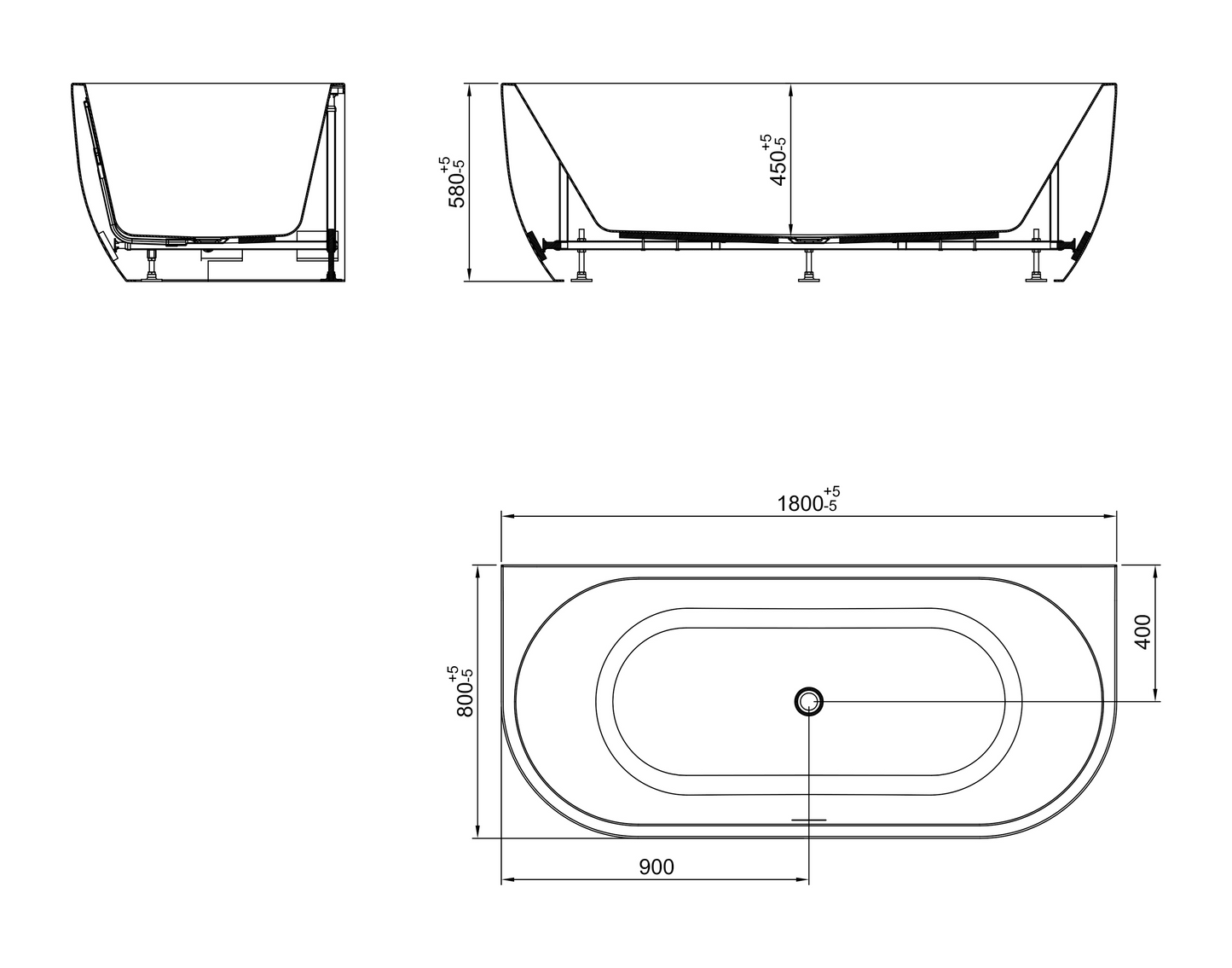 Halfvrijstaand ligbad Wiesbaden Liora 180x80 cm inclusief waste mat wit