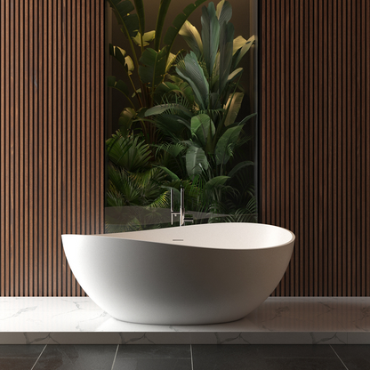 Vrijstaand solid surface ligbad Wiesbaden Waive 160x95 cm inclusief waste wit mat