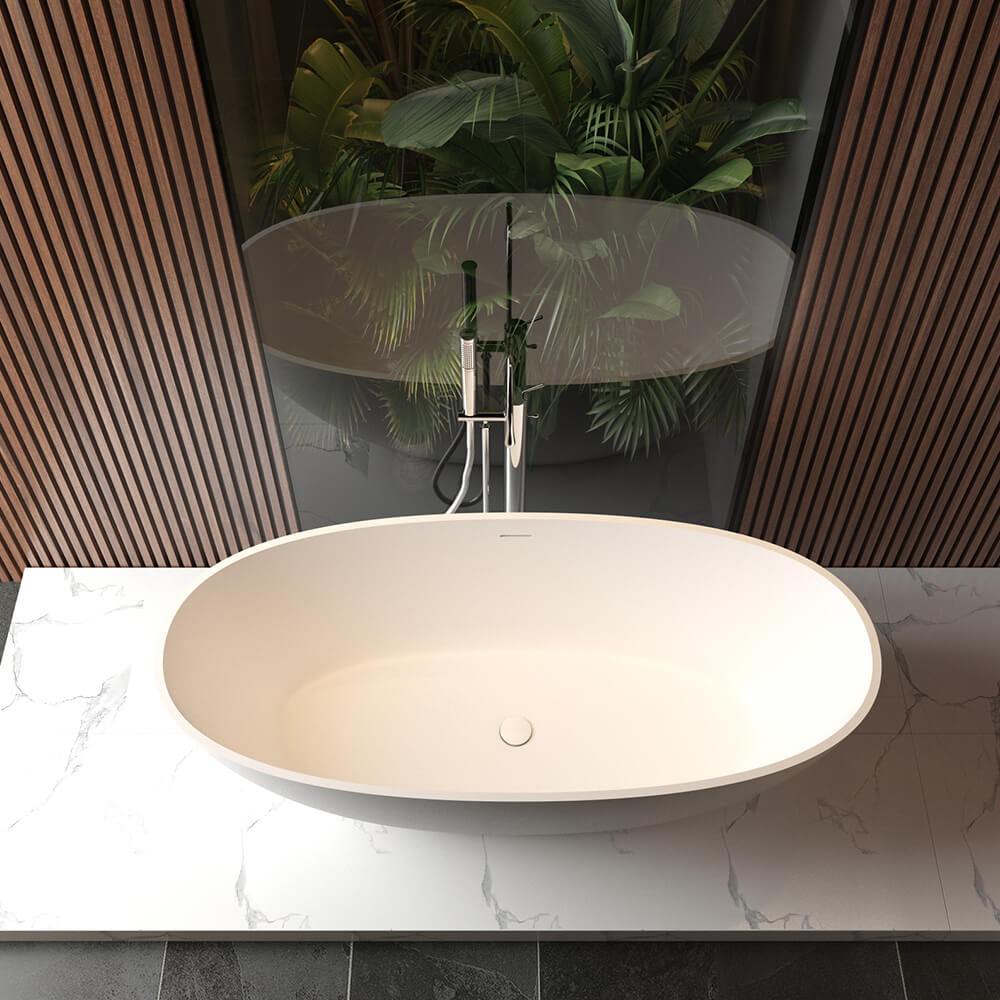 Vrijstaand solid surface ligbad Wiesbaden Chiek 165x75 cm inclusief waste wit mat
