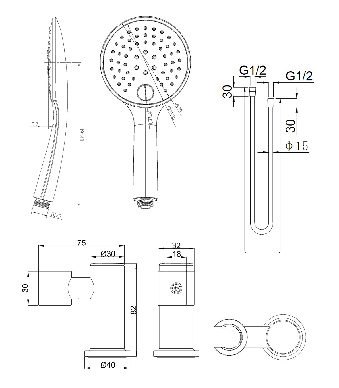 Wiesbaden Unimatch handdoucheset met handdouche 3 standen diameter 12 cm, doucheslang en wandhouder kantelbaar geborsteld brons koper