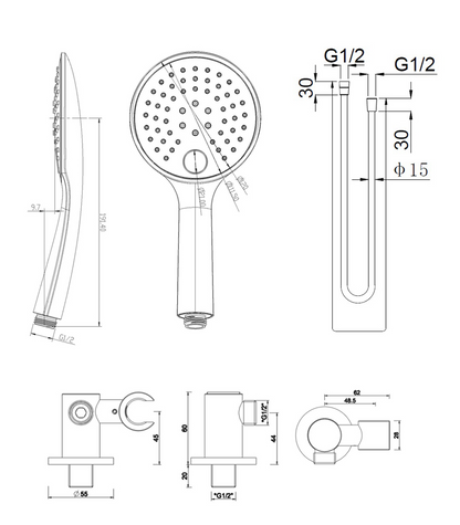 Wiesbaden Unimatch handdoucheset met handdouche 3 standen diameter 12 cm, doucheslang en wandaansluitbocht chroom