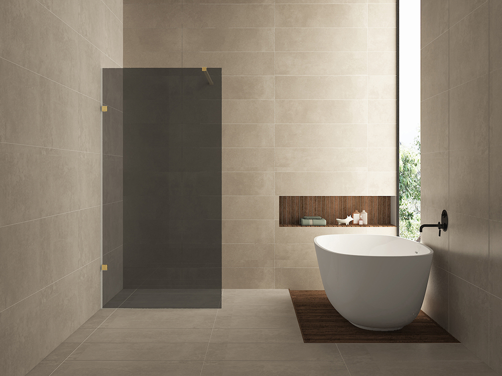 Inloopdouche Wiesbaden Less 90x200cm met mat wit beslag en 8mm glas spiegelrook naar helder rechts