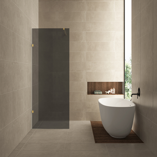 Inloopdouche Wiesbaden Less 90x200cm met geborsteld messing beslag en 8mm rookglas