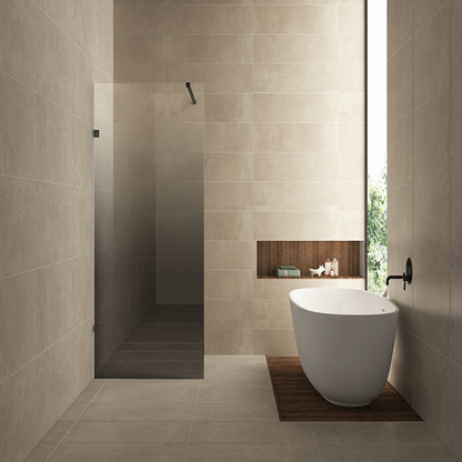 Inloopdouche Wiesbaden Less 90x200cm met mat zwart beslag en 8mm glas spiegelrook naar helder links