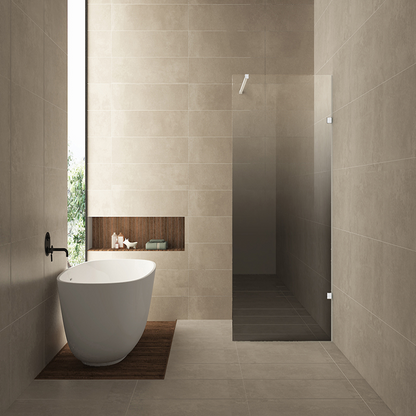 Inloopdouche Wiesbaden Less 90x200cm met mat wit beslag en 8mm glas spiegelrook naar helder rechts