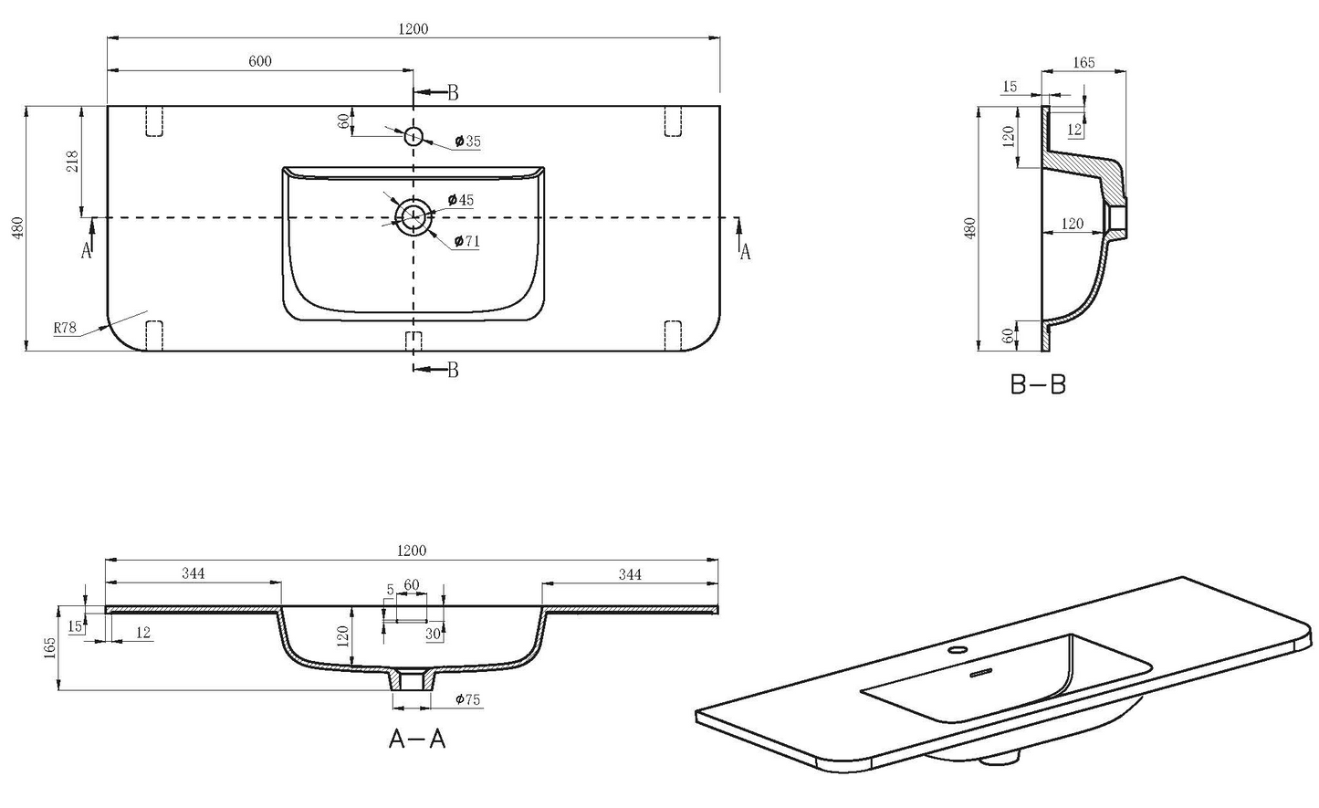 Wastafel Wiesbaden Laro 120cm solid surface mat wit