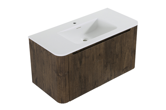 Wastafelkast Wiesbaden Sulora 80cm bruin eiken inclusief wastafelblad Laro solid surface