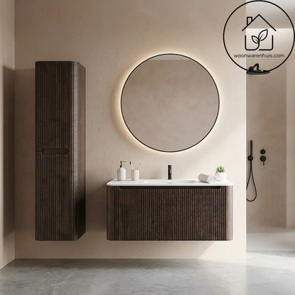 Wastafelkast Wiesbaden Sulora 100cm walnoot inclusief wastafelblad Laro solid surface