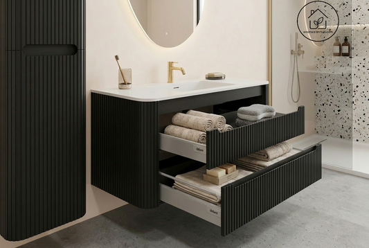 Wastafelkast Wiesbaden Sulora 100cm mat zwart inclusief wastafelblad Laro solid surface