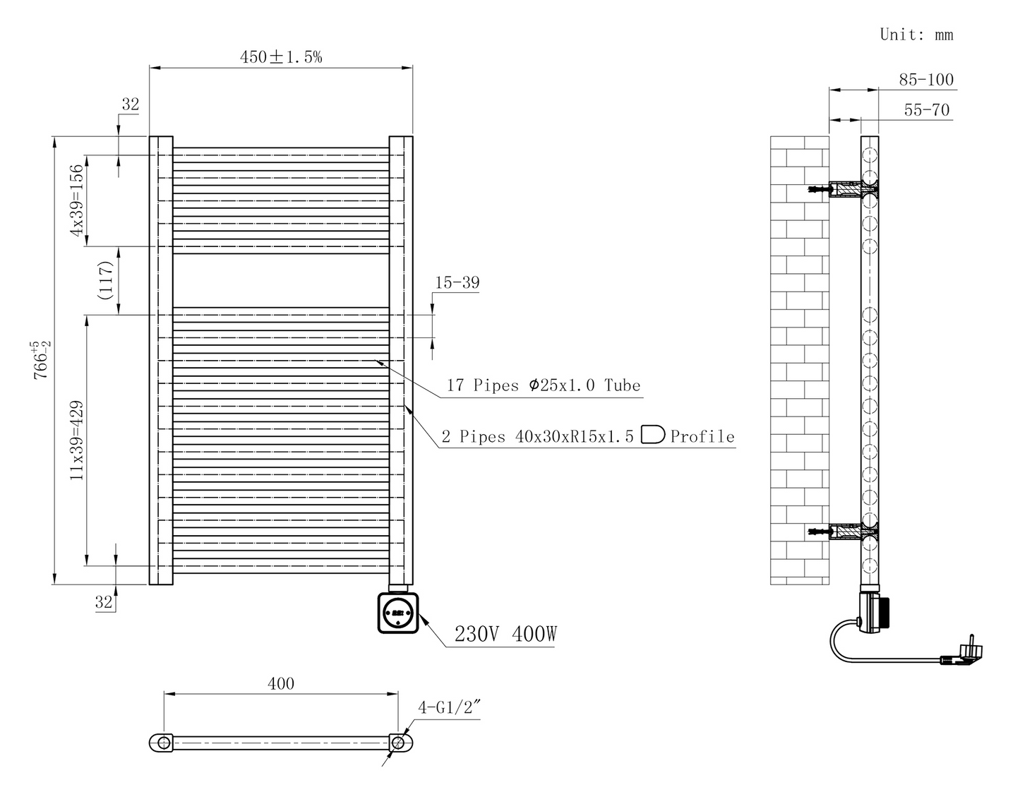 Elektrische designradiator Elara Smart Wifi 76cm x 45cm glans wit