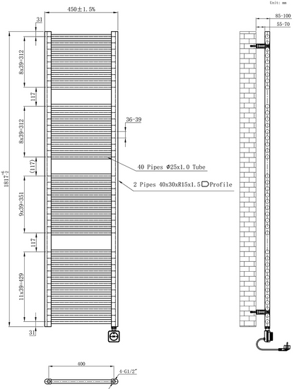 Elektrische designradiator Elara Smart Wifi 180cm x 45cm geborsteld brons koper