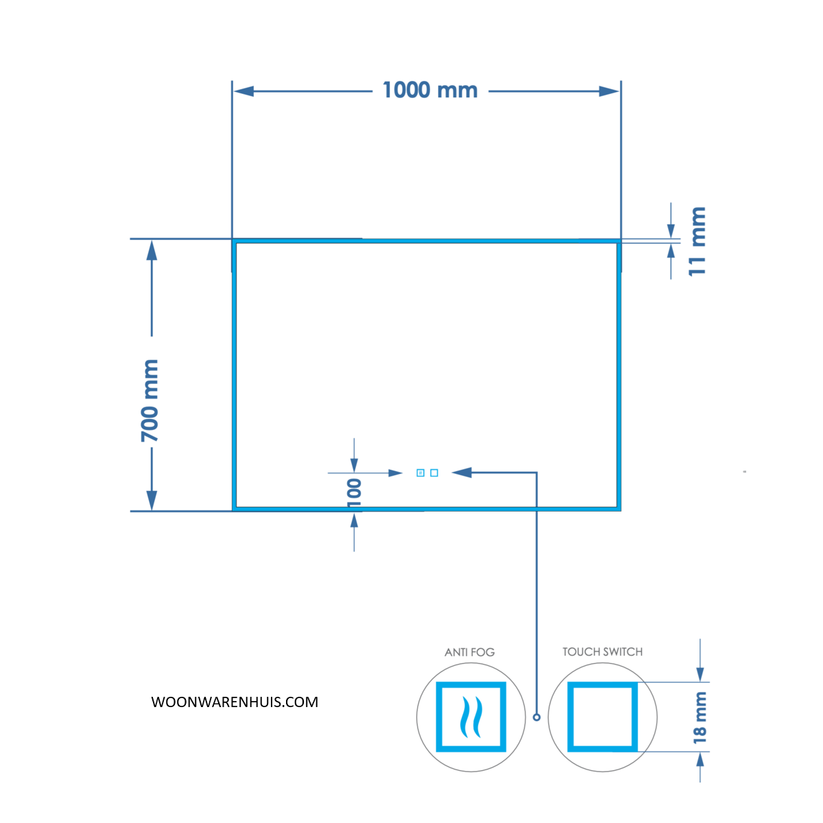 Badkamer spiegel GD Style 100cm met anticondens functie en indirecte/dimbare LED verlichting