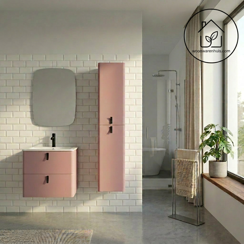 Badkamer meubelset Salgar Uniiq Blush Pink 60cm in mat roze - inclusief spiegel met LED verlichting