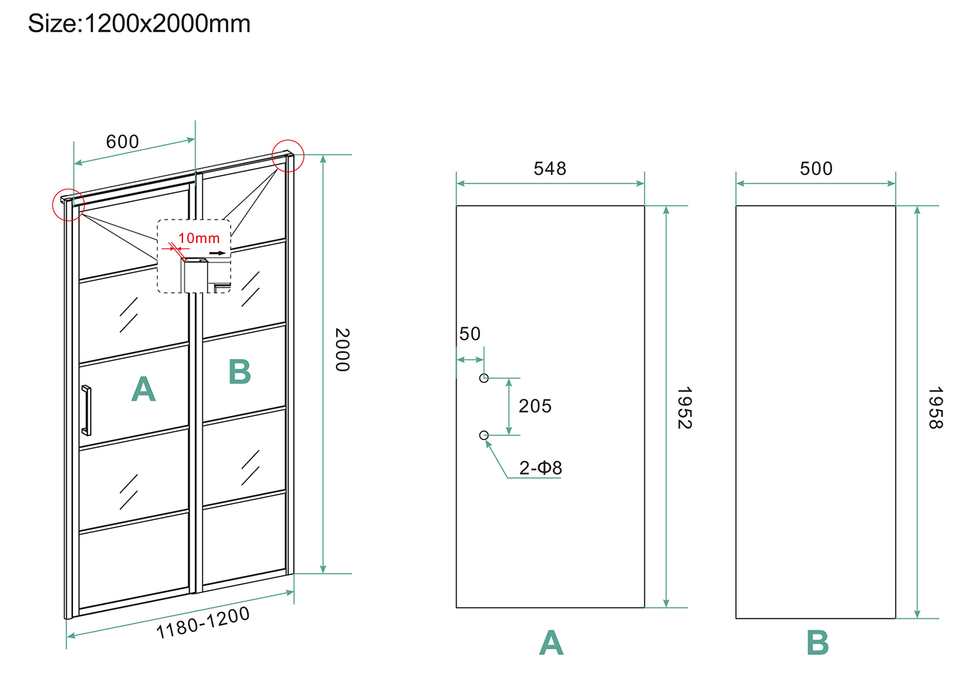 Vierkante douchecabine Wiesbaden Horizon 120x120x200 cm mat zwart