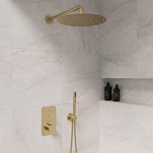 Complete inbouwdouche Sanitado Industry Click met 30cm stortdouche en handdouche in mat goud