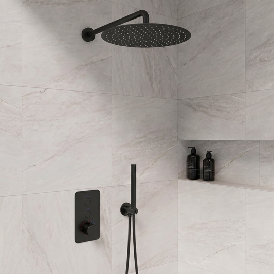 Complete inbouwdouche Sanitado Industry Click met 30cm stortdouche en handdouche in mat zwart