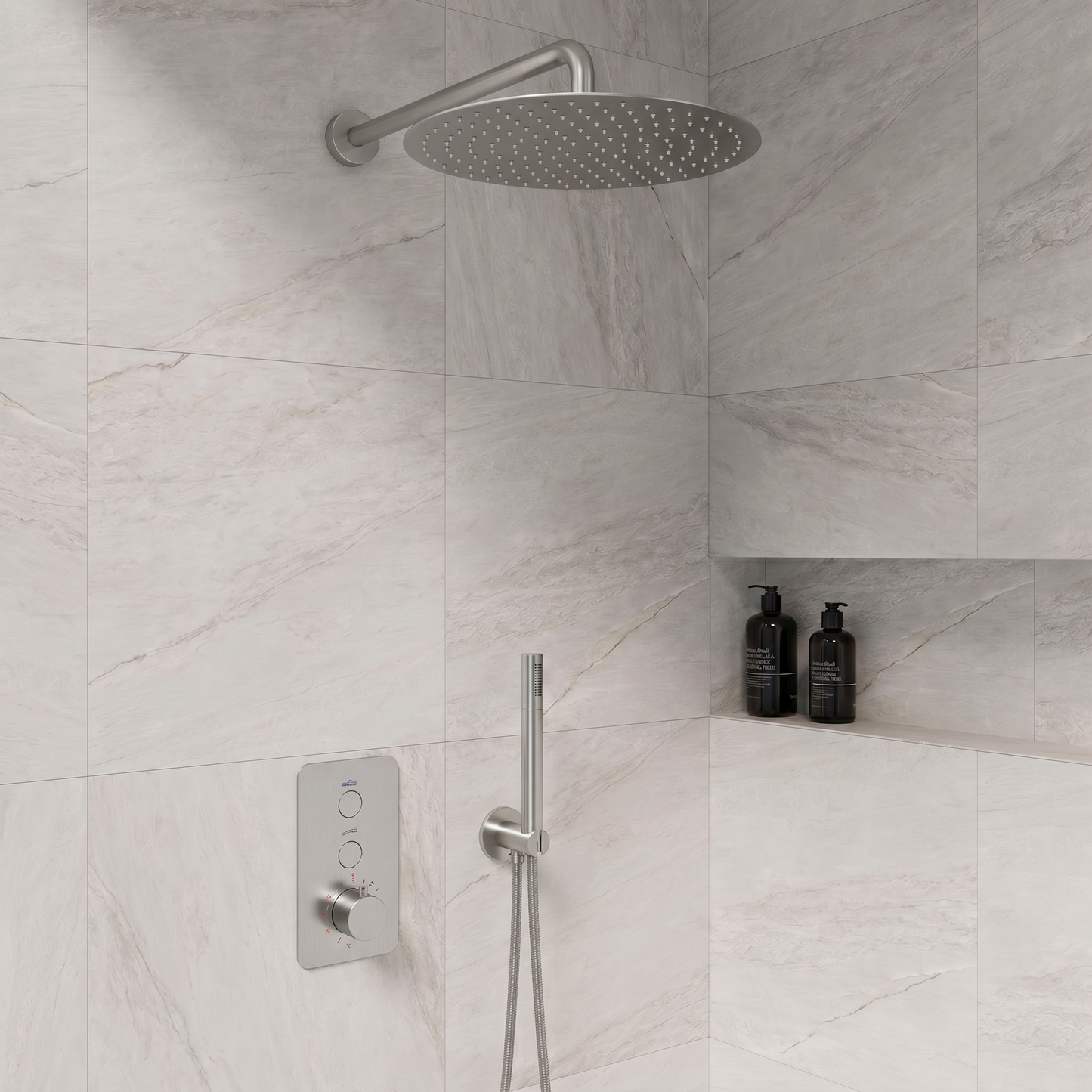 Complete inbouwdouche Sanitado Industry Click met 30cm stortdouche en handdouche in RVS
