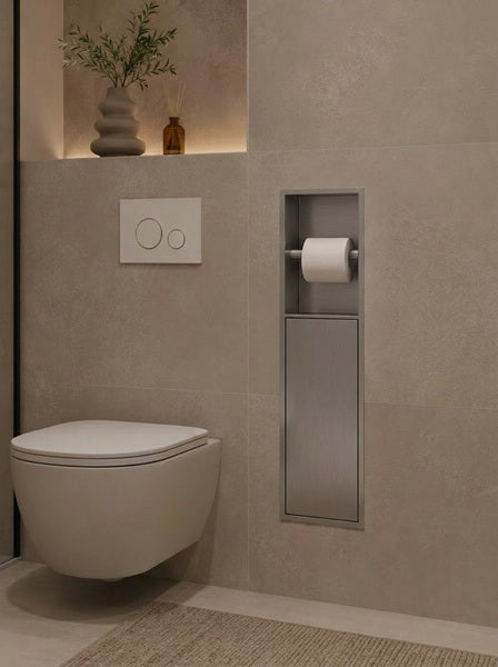 Badkamer inbouwnis 60x16x12cm Sanitado Industry toiletrolhouder en opbergkast in RVS