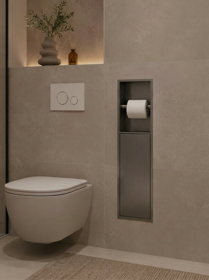 Badkamer inbouwnis 60x16x12cm Sanitado Industry toiletrolhouder en opbergkast in gunmetal