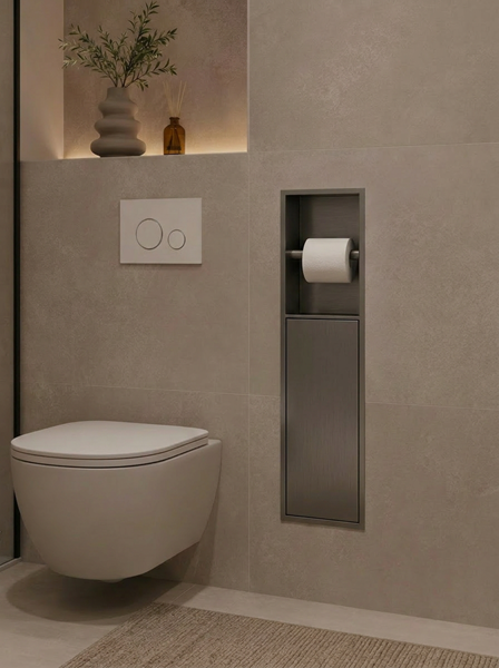 Badkamer inbouwnis 60x16x12cm Sanitado Industry toiletrolhouder en opbergkast in gunmetal