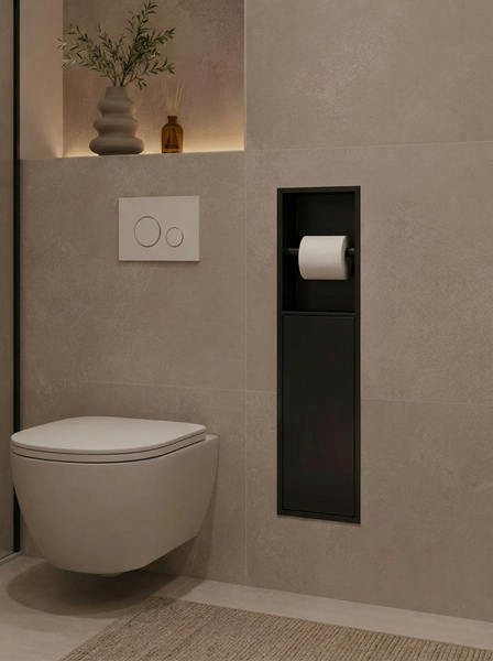 Badkamer inbouwnis 60x16x12cm Sanitado Industry toiletrolhouder en opbergkast in mat zwart