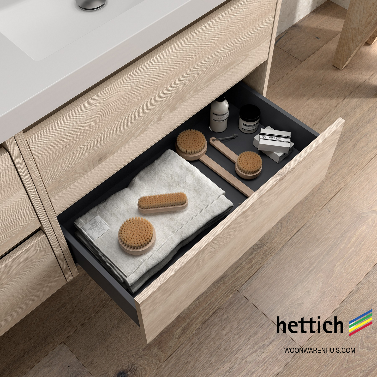 Badkamer meubelset Salgar Noja 85cm 2 laden en 1 deur links naturel eiken