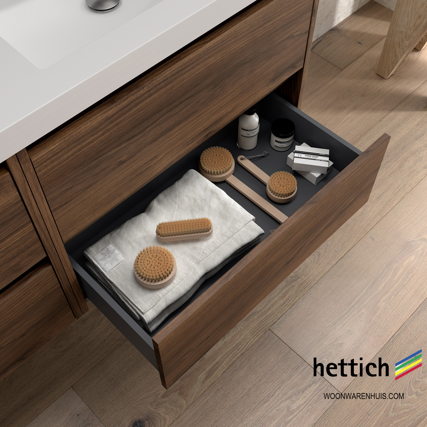 Badkamer meubelset Salgar Noja 85cm 2 laden en 1 deur links walnoot