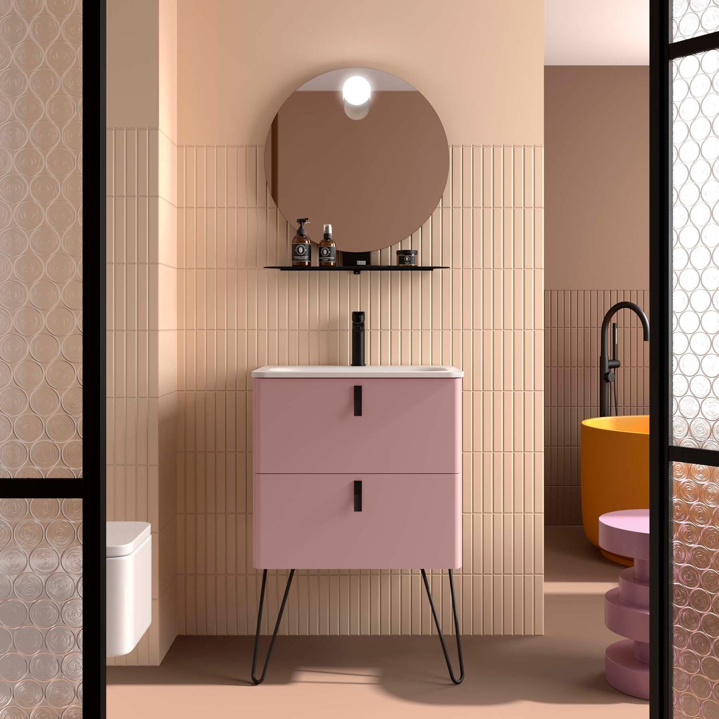Badkamer meubelset Salgar Uniiq Blush Pink 60cm in mat roze - inclusief spiegel met LED verlichting
