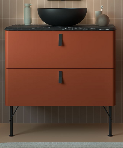 Project Retro Rood: een combinatie van een 80cm breed wastafelmeubel en een kolomkast in terracotta rood