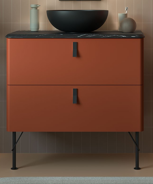 Project Retro Rood: een combinatie van een 80cm breed wastafelmeubel en een kolomkast in terracotta rood - foto #2